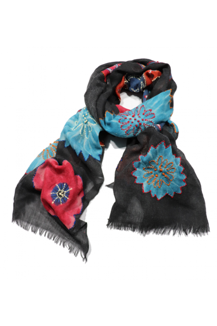  TWILL WOOL HAND PAINTED SCARF WITH EMBROIDERY HIGHLIGHTING